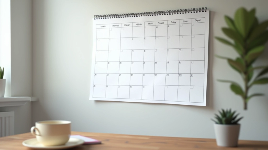 Calendário na parede de um escritório com marcações de datas e uma caneta azul em cima de uma secretária com café