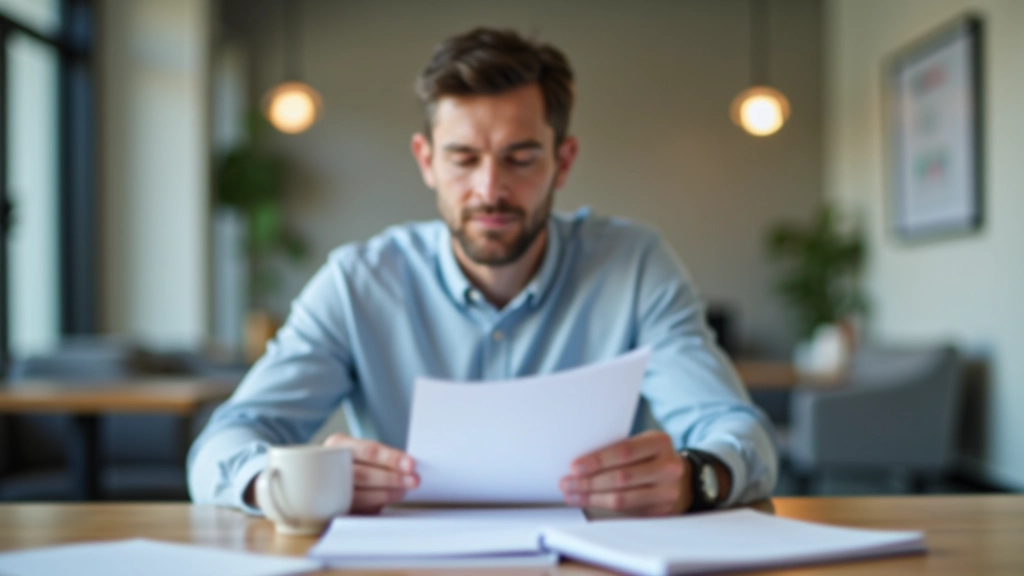 Pessoa a verificar documento fiscal no computador, ambiente profissional moderno, luz natural
